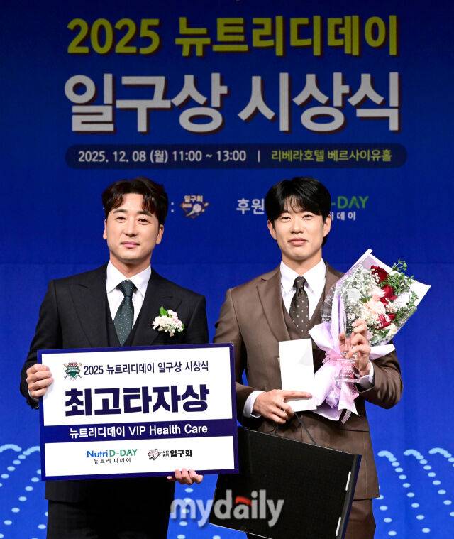 2025년 12월 8일 서울 청담동 리베라 호텔에서 '2025 뉴트리디데이 일구상 시상식'이 열렸다. 키움 송성문이 최고 타자상을 수상하고 있다./청담=유진형 기자 zolong@mydaily.co.kr