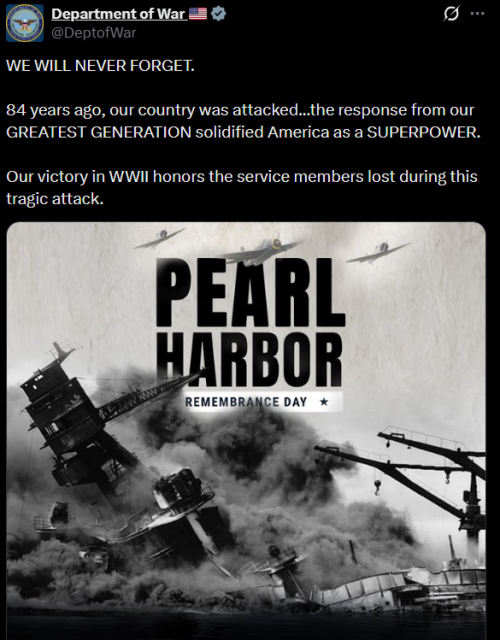 미 국방부 엑스에 올라온 진주만 공습 추모 게시글 캡처
