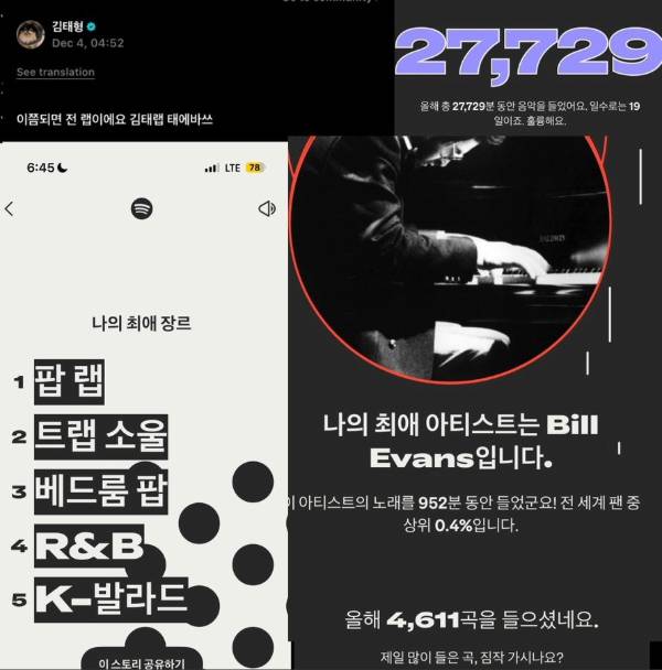 위버스에 올린 뷔 스포티파이 연말결산 내용