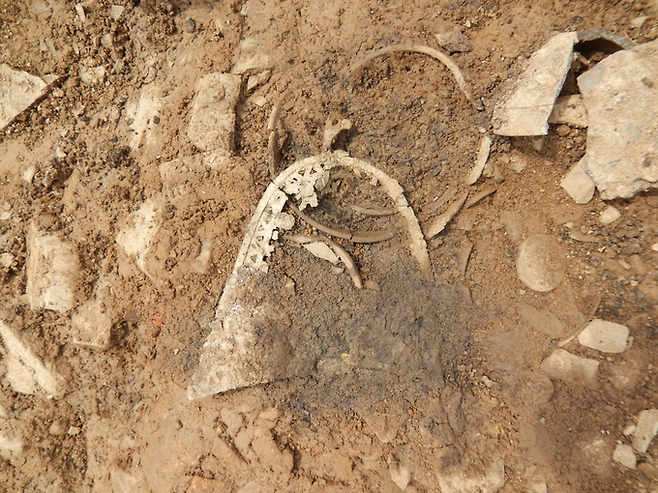 ▲ 경북 의성군 일대 발굴 현장에서 흙층 속에 묻혀 있던 금동관모 조각과 금속 장신구편이 원형을 유지한 채 드러나며, 조사단이 문화재 출토 지점을 확인하는 과정이 고스란히 기록됐다. 의성군