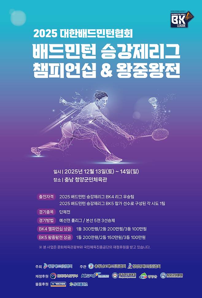 대한배드민턴협회는 오는 13~14일까지 충남 청양군에서 ‘2025년 배드민턴 동호인 승강제리그 BK4 챔피언십 및 BK5 왕중왕전’을 개최한다. 사진 | 대한배드민턴협회