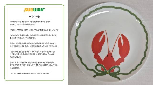 써브웨이가 '카드뮴' 검출 접시와 관련해 홈페이지에 사과문을 올렸다. /써브웨이 홈페이지, 식약처