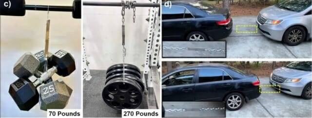 식용유 접착제로 붙인 두 개의 금속판은 100㎏ 무게를 지탱할 수 있을 만큼 강하고(좌측) 자동차를 견인할 수 있을 만큼 강력했다. (우측)(출처=미 사우스캐롤라이나 대학 마하다스 외)