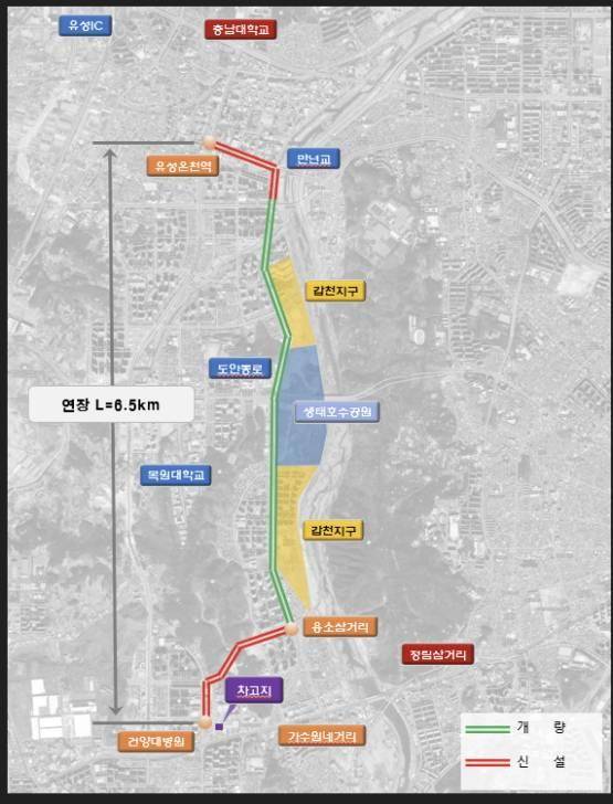 대전시가 전국 최초로 도입하는 신교통수단(3칸 굴절버스) 노선안. 대전시 제공