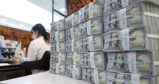 서울 중구 하나은행 본점 위변조대응센터에서 직원이 달러화를 확인하고 있다. [이승환 기자]