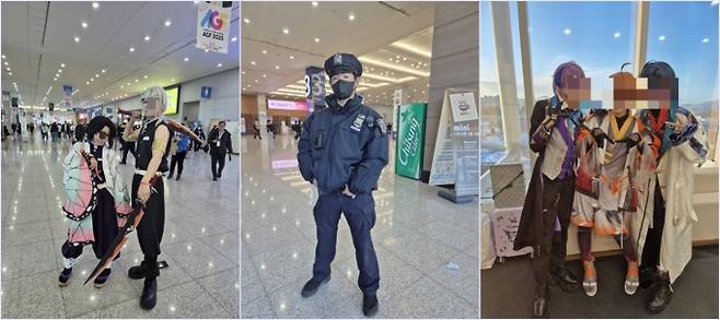 코스프레를 즐기는 코스어들. 모두 멋지게 포즈를 취해줬다. 각자 착장한 의상은 왼쪽부터 '귀멸의 칼날', 미국 경찰, 버츄얼 유튜버. 얼굴 공개를 원치 않아 사진은 모자이크 처리/사진=김소연 기자