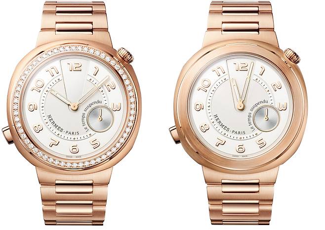 로즈 골드의 풍부한 빛을 손목 위에서 즐길 수 있는 에르메스 컷 르 땅 서스팡뒤 모델. 4시 방향 인디케이터 위 바늘이 반시계방향으로 돈다. 사진 에르메스