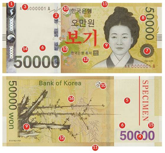 5만원권 위조지폐 식별법. ①띠형 홀로그램 ②입체형 부분 노출은선 ③가로확대형 기번호 ④색변환잉크 ⑤숨은그림 등 16가지. 사진 한국은행