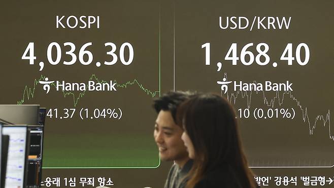 서울 중구 하나은행 본점 딜링룸 전광판에 종가가 표시되고 있다.2025.12.3 사진=한경 임형택기자