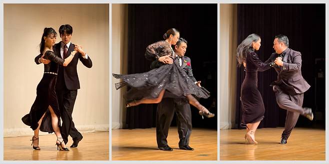Left: Risoo and Yeji, who performed at the Tango Day event at the Yongsan District Office in central Seoul on Dec. 11, dance to of Juan D’Arienzo’s “Remembranza.″ Middle: Breeze and Ms. Tang dance to Anibal Troilo’s “B.B.″ Right: London Hong and Sol closed the ceremony by dancing to “De floreo” by Tango Bardo. [MICHAEL LEE]