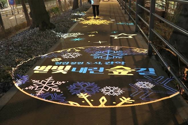 밤에 찍은 별빛내린 숲길...바닥에는 별, 눈꽃, 별빛내린 숲길이라는 글자가 조명으로 빛나고 있다.