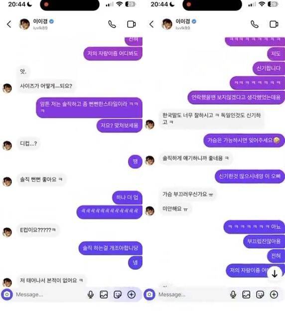 이이경으로 추정되는 이와 독일인 여성 A가 나눈 DM