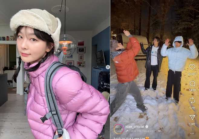 레드벨벳 슬기, 오른쪽은 라이즈 멤버들이 착용한 컬러 패딩 모습. 연예인들 사이에서 컬러 패딩 소비가 늘며 유행을 견인하고 있으며, 실제로 크림에서도 11월 한 달간 컬러 포인트 패딩 거래량이 크게 증가한 것으로 나타났다. SNS 갈무리