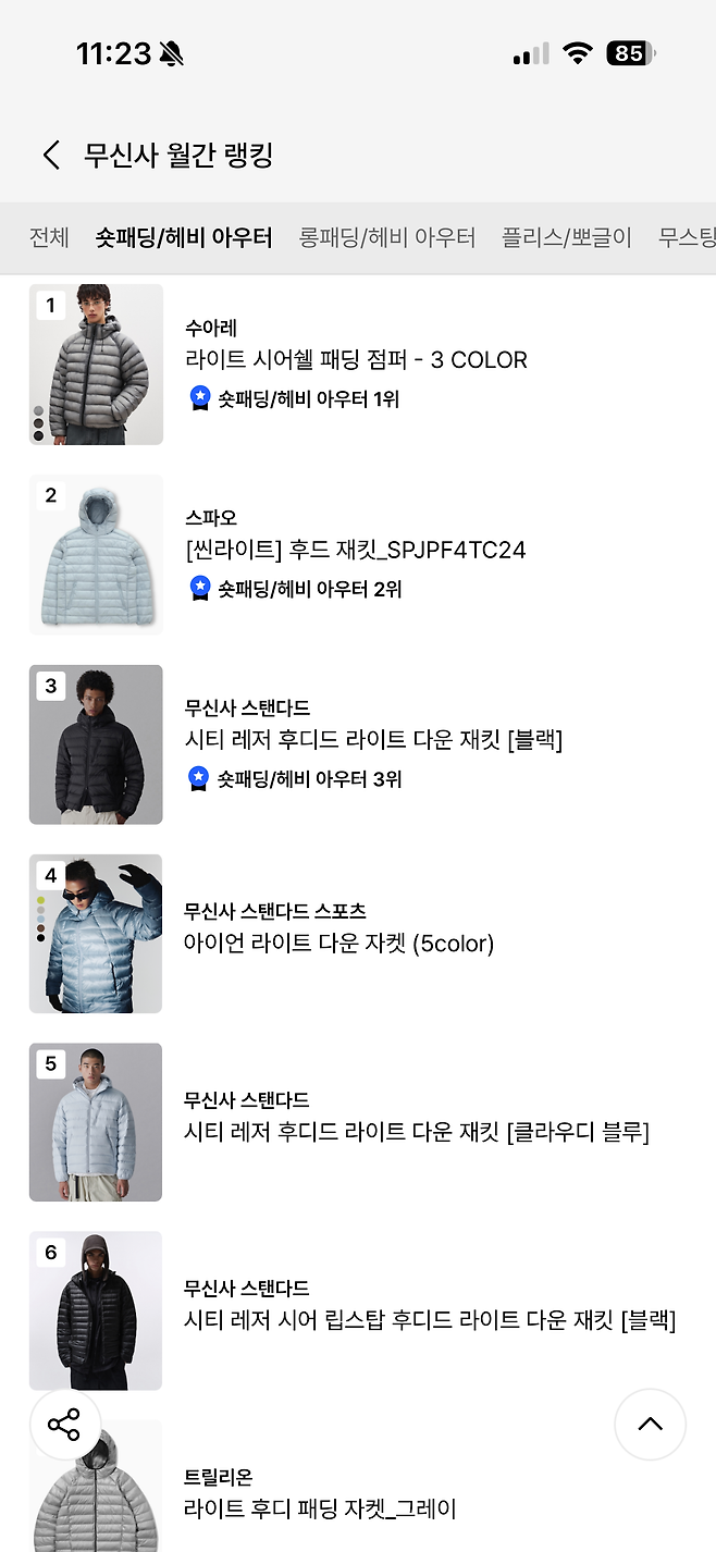 무신사 플랫폼 내에서 10월 숏패딩 인기 상품 랭킹. 무신사 제공