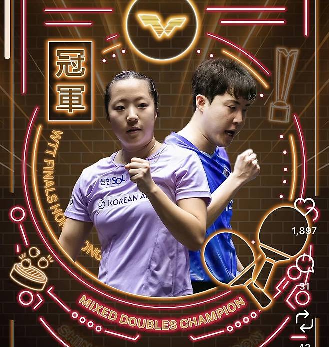 WTT 파이널스 홍콩 혼복 우승을 합작한 신유빈(왼쪽)과 임종훈 [WTT 인스타그램 캡처. 재판매 및 DB 금지]