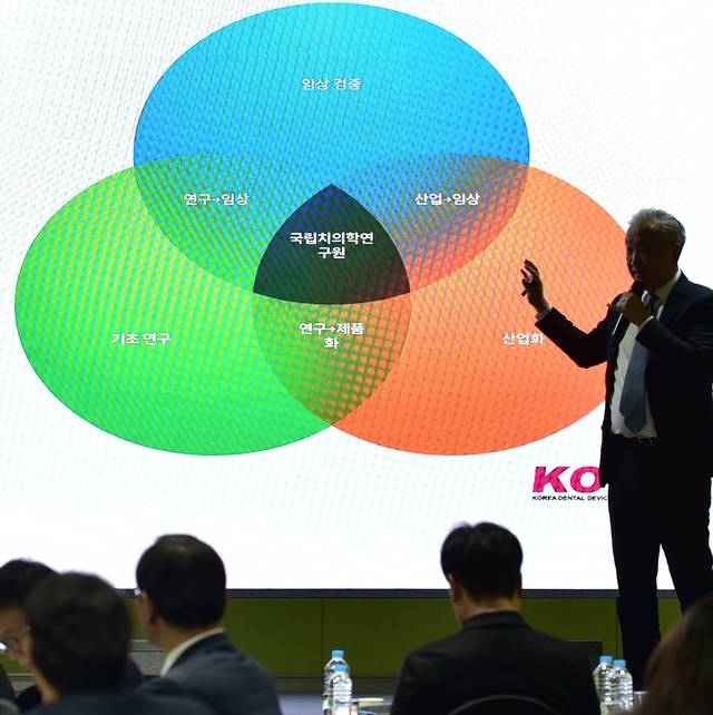 지난 13일 열린 '국립치의학연구원 대구 유치를 위한 심포지엄'에서 서우경 한국치과의료기기산업협회 학술이사가 주제를 발표하고 있다. 김진홍 기자 solmin@idaegu.com