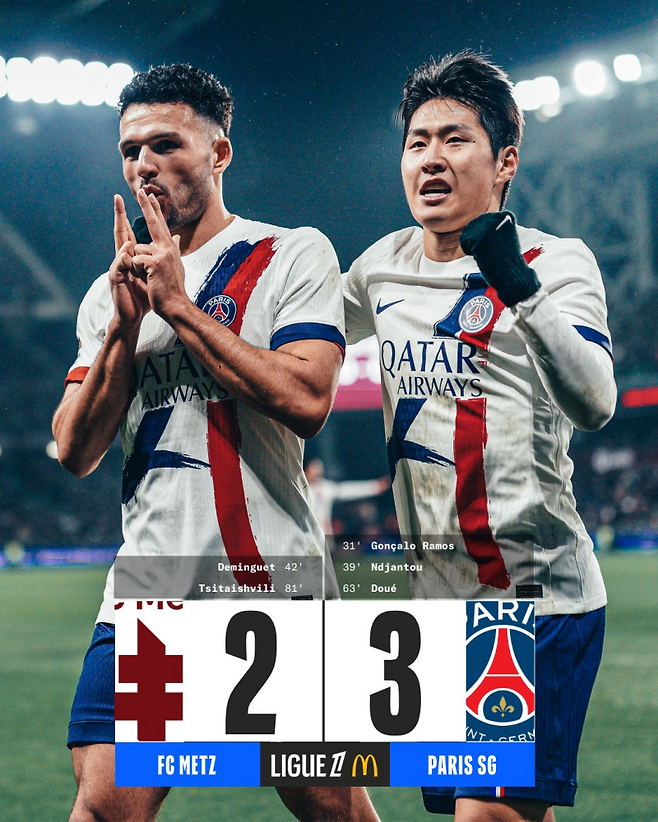 PSG가14일 메스와 2025~26 리그1 16라운드 원정경기서 3-2로 이겼다. 사진은 하무스의 선제골을 도운 뒤 환호하는 이강인. 사진=리그1 SNS