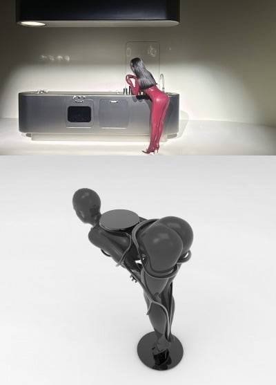 퍼포먼스의 한 장면(위)과 유사한 2022년 그룹전 당시 선보인 조각 작품(아래). /잇츠나이스인사이드