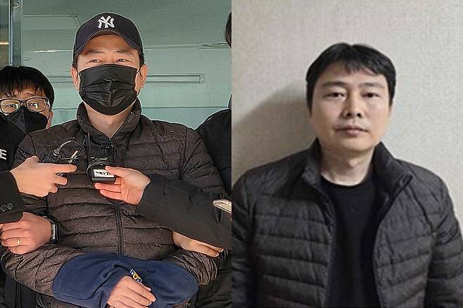 ‘천안 층간소음 살인 사건’ 피의자 양민준이 지난 12일 천안 동남경찰서를 나서며 취재진 질문에 답하고 있다. 오른쪽은 양씨 신상정보. 천안=뉴스1·충남경찰청 제공