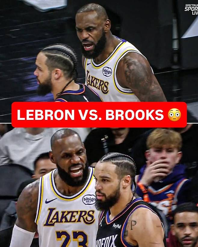 15일(한국시간) 피닉스 선즈와 LA의 2025~26 NBA 정규리그 3쿼터 중 신경전을 벌인 LA 제임스와 피닉스 브룩스. 사진=ESPN