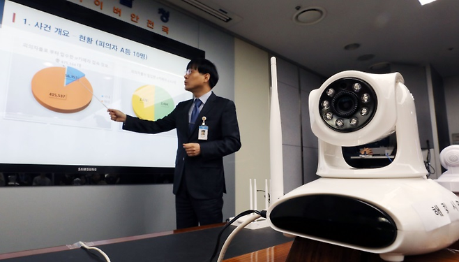 A police official briefs the media on an investigation into illegal surveillance via hacked IP cameras in Seoul. (Newsis)