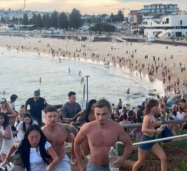 호주 시드니의 본다이 해변에서 14일(현지시간) 총성이 계속 울리자 사람들이 황급히 대피하고 있다. 이날 장총을 든 남성 2명이 해변을 뛰어다니며 수분간 조준 사격을 해 최소 11명이 숨지고 29명이 다쳤다. 당국은 “유대인 행사를 겨냥한 테러”로 규정했다. AFP연합뉴스