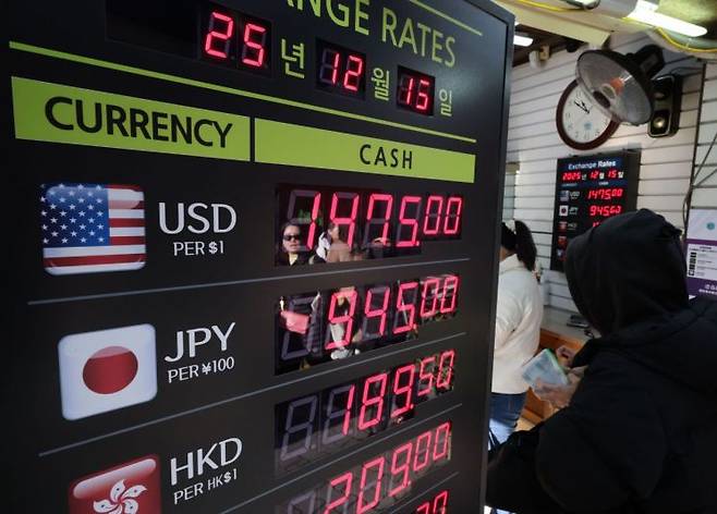 서울 중구 명동 거리의 한 환전소에 환율이 표시돼 있다. 연합뉴스