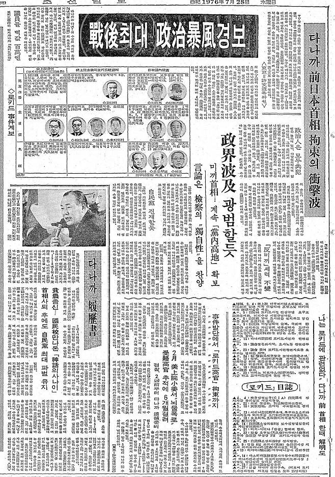 1976년 7월 28일자 3면. 다나카 구속 충격파. ‘전후 최대 정치폭풍 경보’