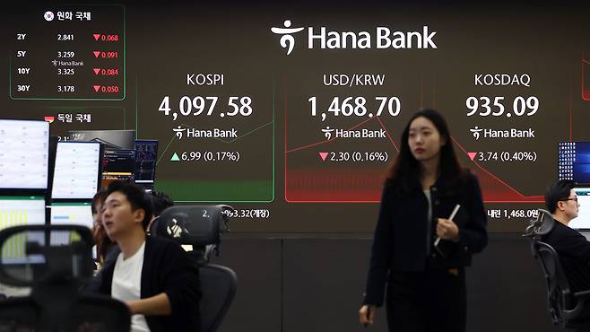 16일 오전 서울 중구 하나은행 딜링룸에서 딜러들이 업무를 보고 있다. /뉴스1