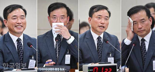 김종철 방송미디어통신위원회 위원장 후보자가 16일 국회에서 열린 인사청문회에서 다양한 표정을 짓고 있다. 정다빈 기자