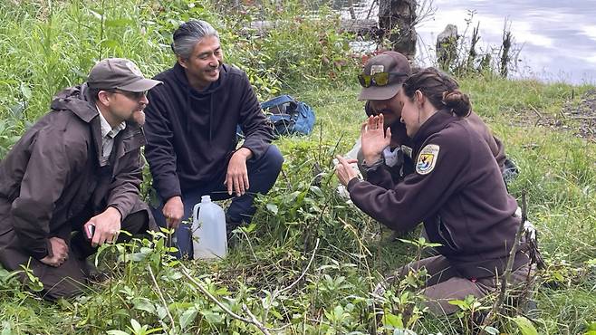 유경수 미국 미네소타대학교 트윈시티즈 토양학과 교수(왼쪽에서 두 번째)가 2024년 8월 알래스카 키나이 야생생물 보호 구역에서 생물학자들에게 겨자 칵테일을 이용한 지렁이 채취를 시연한 뒤 이야기를 나누고 있다. 유 교수 제공
