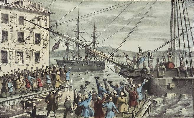 The Destruction of Tea at Boston Harbor, an iconic 1846 lithograph by Nathaniel Currier; the phrase ″Boston Tea Party″ had not yet become standard. Contrary to Currier's depiction, few of the men dumping the tea were actually disguised as Native Americans. [WIKIPEDIA]