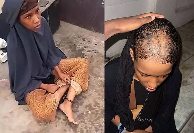 [서울=뉴시스] 영국인 소녀인 아스마 하산 압둘라히(18)가 수용시설에서 족쇄를 채고 삭발을 당하는 등 학대를 받고 있는 모습. (사진출처: 데일리메일 캡처)2025.12.15