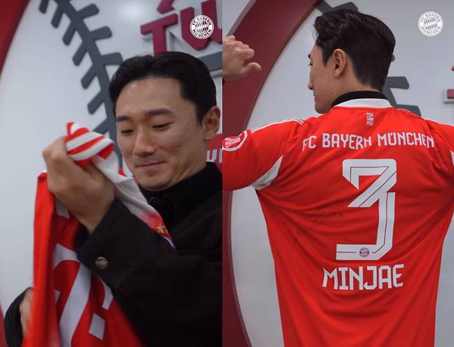 LG 트윈스 내야수 신민재가 김민재의 유니폼을 착용한 뒤 포즈를 취하고 있다. /사진=뮌헨 공식 SNS 갈무리