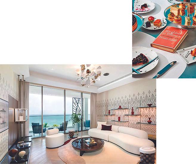 바쉐론콘스탄틴이 두바이 만다린 오리엔탈 주메이라 호텔과 협업한 ‘스위트 1755’ 객실(왼쪽).&nbsp;티파니의 ‘더 블루 박스 카페’에서는 브랜드의 정교한 감각을 엿볼 수 있다.&nbsp;