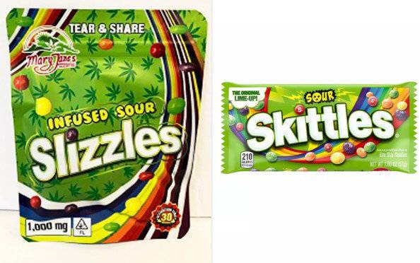 지난해 미국 식품의약국(FDA) 및 연방거래위원회(FTC)는 ‘대마 식용 제품’이 기존 인기 과자 등과 의도적으로 유사하게 만들어지고 있다면서 “브랜드와 상표가 복제품 판매업자들에 의해 도용되고 있다”고 지적했다. 왼쪽 사진은 대마 성분인 테트라하이드로칸나비놀(THC) 등이 포함된 제품, 오른쪽 사진은 이와 무관한 기존 과자. 자세히 보지 않으면 구분하기 쉽지 않다. 사진 출처 미 식품의약국(FDA) 홈페이지