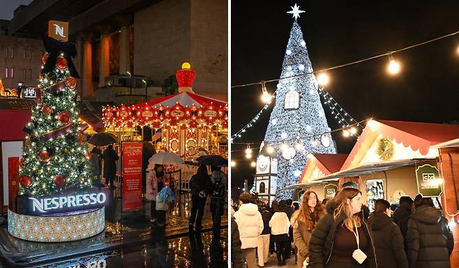 12일 서울 광화문광장에서 열리고 있는 ‘광화문 마켓’에서 관람객들이 네스프레소가 설치한 ‘패스티브 트리’ 이벤트 공간(왼쪽 사진)과 소상공인이 참여한 마켓을 둘러보고 있다. 네스프레소·서울관광재단 제공