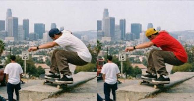 왼쪽 이미지 속 스케이트보드를 탄 남성의 티셔츠와 모자를 각각 빨간색과 노란색으로 바꾸고, 제한속도 표시는 15로 설정하며 트럭은 소방차로 바꿔 달라고 지시한 결과물. 오픈AI 제공