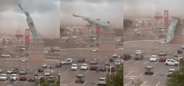 강풍에 쓰러진 24m의 ‘자유의 여신상’ 복제품. SNS 캡처