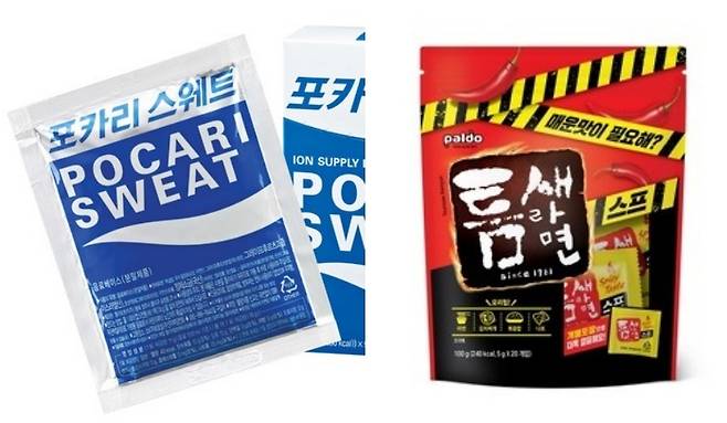 포카리스웨트 분말(왼쪽)과 틈새라면 스프(동아오츠카, 팔도 제공)