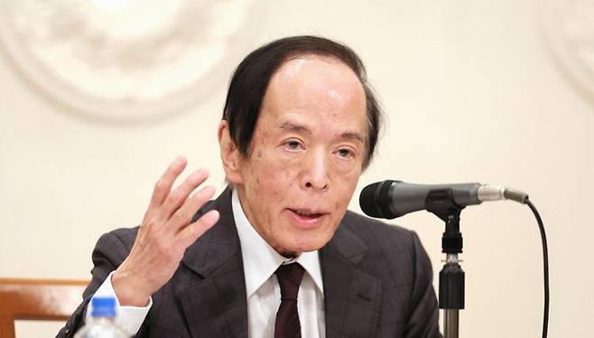 우에다 가즈오 일본은행 총재가 지난 3일 나고야에서 열린 경제계 대표자 간담회에서 인사말을 하고 있다. 일본은행.