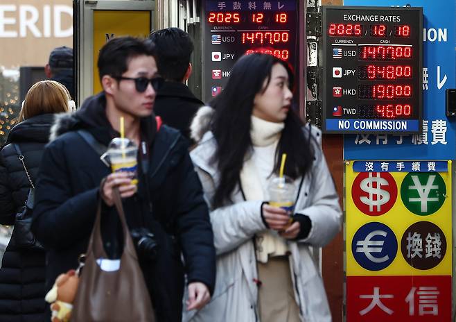 Electronic display boards at a foreign exchange booth shows the rate in Seoul on Dec. 18. [NEWS1]