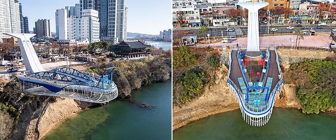 태화강 흐름을 방해하지 않기 위해 하천에 교각을 세우지 않고, 육지쪽의 주탑에 고정해 강쪽으로 길게 구조물을 뻗게 한 구조의 외팔보(캔틸레버·cantilever) 형식으로 건립된 ‘태화루(용금소) 스카이워크’ 측면과 정면 모습 [울산시 제공]