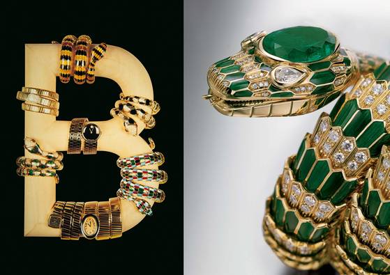 왼쪽부터 불가리 세르펜티 캠페인 이미지, 그린 에나멜·에메랄드·다이아몬드가 세팅된 골드 소재의 세르펜티 브레이슬릿 워치. 사진 불가리