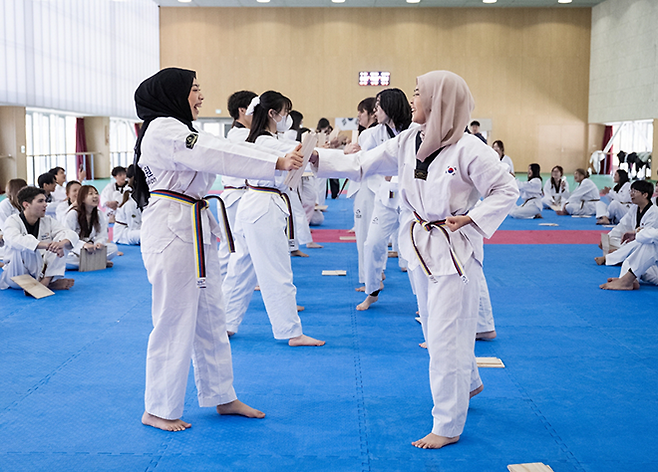 전북대학교 필링코리아에 참가한 외국인 유학생들이 태권도원 평원관에서 태권도 체험 프로그램을 진행하고 있다. 사진=태권도진흥재단