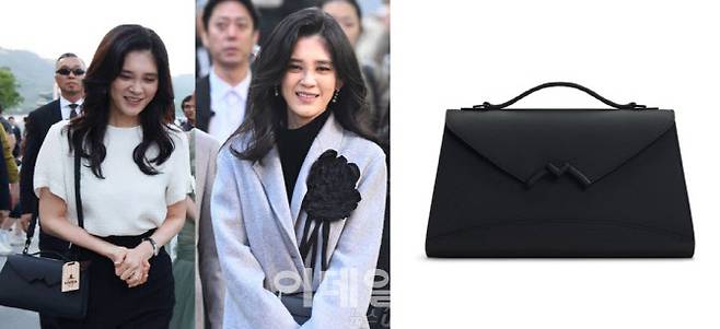 이부진 한국방문의해위원장이 지난해 6월 서울 중국 광화문에서 열린 코리아뷰티페스티벌 개막식에 참석한 모습(왼쪽)과 지난 17일 서울 중구 명동에서 2026코리아그랜드세일 당시 모습, 모이나 가브리엘 클러치 제품 이미지 (사진=뉴스1·모이나 상품 페이지 캡처)