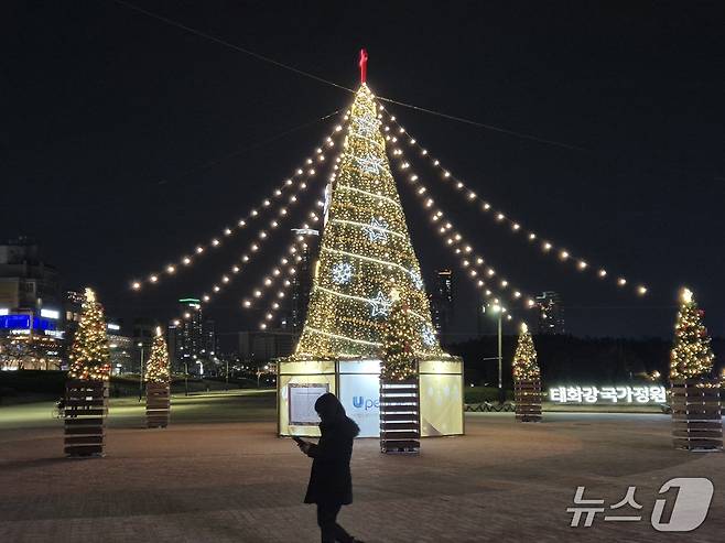 20일 울산 중구 태화강 국가정원에서 한 시민이 크리스마스 트리 앞을 지나고 있다. 2025.12.20/뉴스1ⓒ 뉴스1 박정현 기자