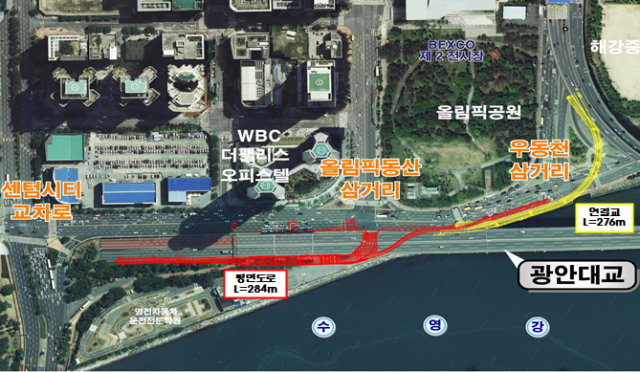 22시 오후 5시 개통하는 광안대교 접속도로 위치도. 부산시 제공