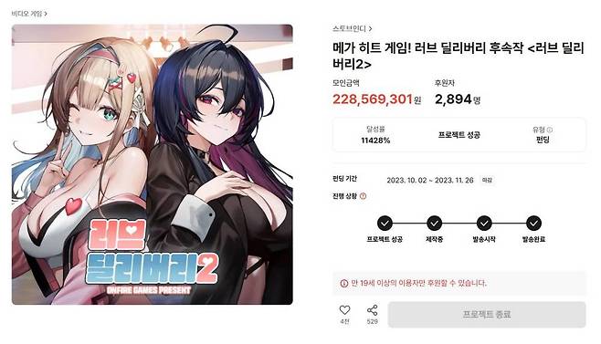 연애 시뮬레이션의 기세도 안정적인 편 / 사진: 텀블벅 홈페이지 캡처