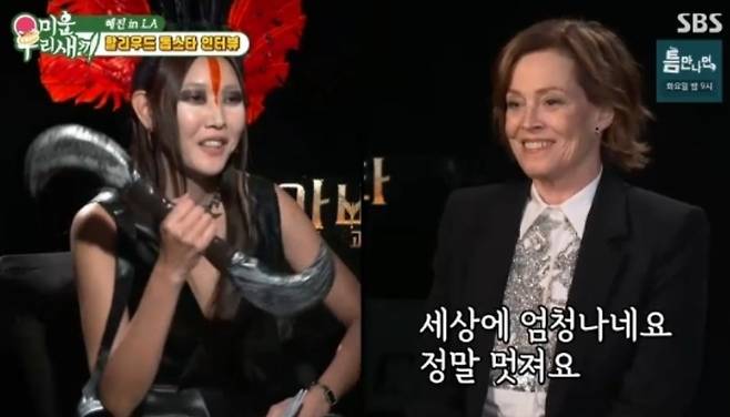 모델 겸 방송인 한혜진이 영화 '아바타' 속 캐릭터로 완벽 변신해 배우들을 놀라게 했다. /사진=SBS '미운 우리 새끼' 방송화면